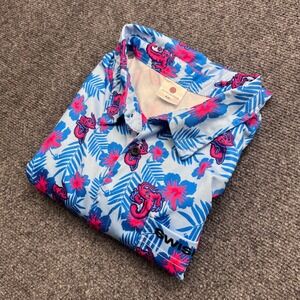 Destroyer Rocks Swisher Floral Tropical Hibiscus Blue Pink Button Down Shirt